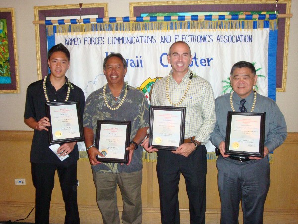 Chapter award winners recognized in March are (l-r) Nathaniel Ng, Student of the Month; Haven Apana, AFCEAN of the Month; Anthony K. Giandomenico, Executive of the Month; and Calvin Nomiyama, Senior Government Leader of the Month.